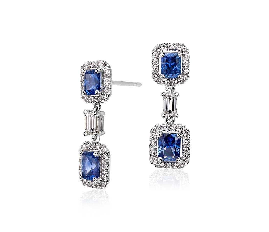 Pear Shaped Sapphire Earrings With Talon Prongs And Diamond Halo In 18k White Gold 7x5mm Blue Nile Sapphire Earrings Indigo Jewelry Sapphire