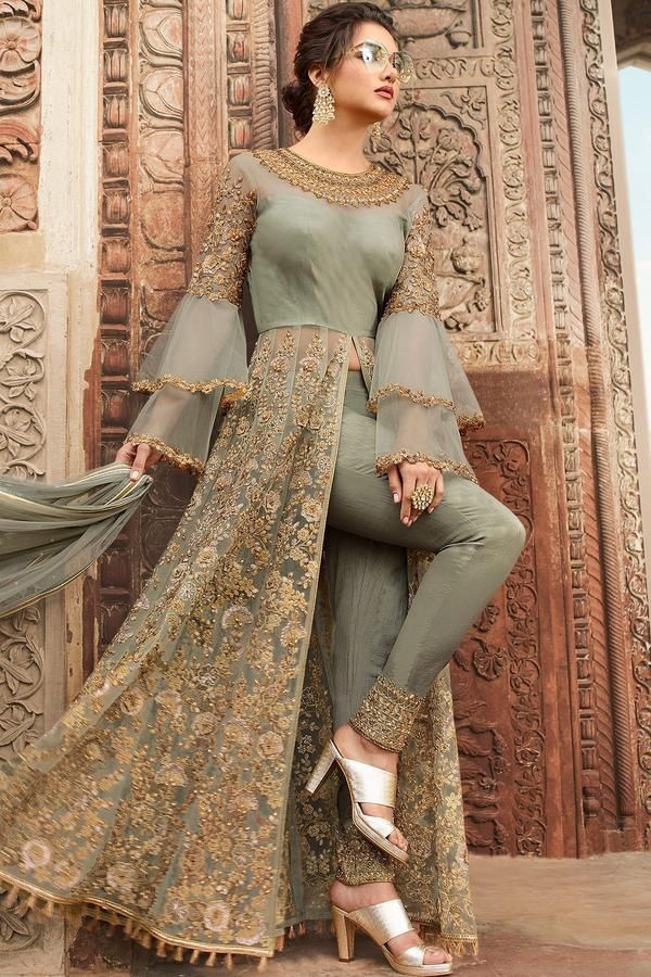 Glamorous pista green party wear anarkali suit