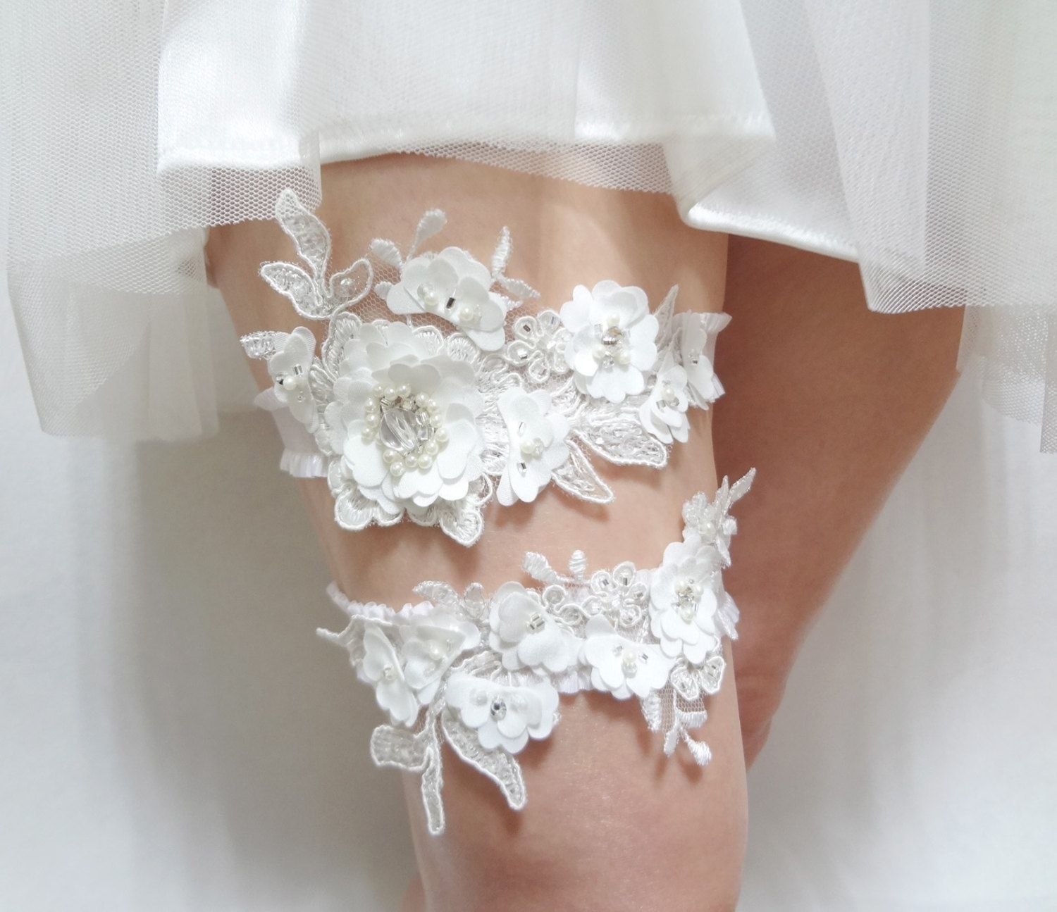 Embellished lace garter set Made to Order Krystal