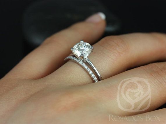 1 50ct Skinny Alberta 7 5mm & Dia Barra 14kt White Gold Forever One Moissanite Diamonds Dainty Round Solitaire Wedding Set Ring,Rosados Box