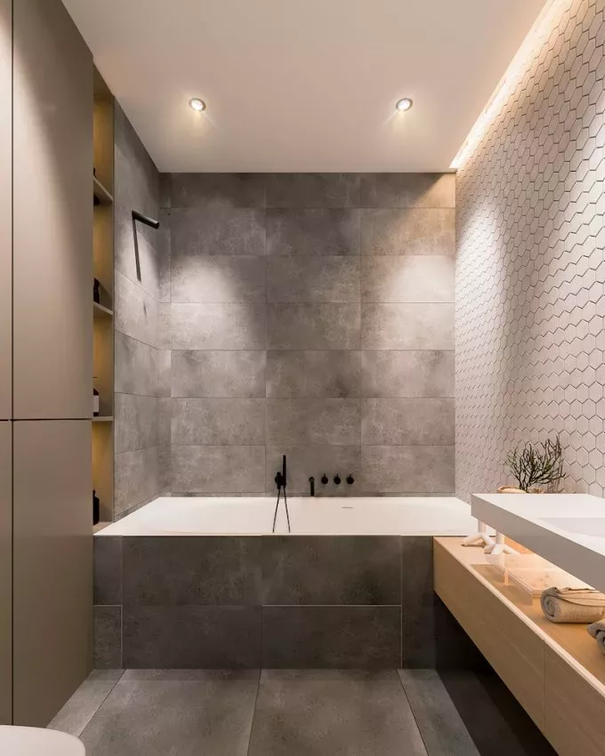 Une salle de bain minimaliste et masculine invite a la relaxation Diy Bathroom Remodel, Bathroom Renos, House Bathroom, Bathroom Renovations, Bathroom Flooring, Tile Bathroom, Small Bathroom, Moder Bathroom, Bathroom Scales