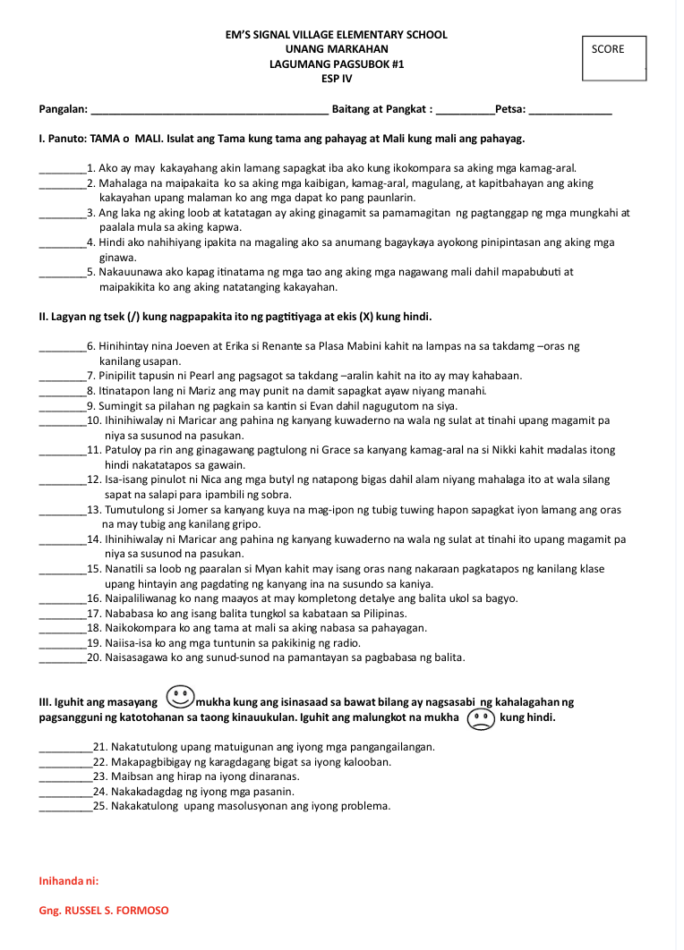 Summative Test in ESP Grade 4