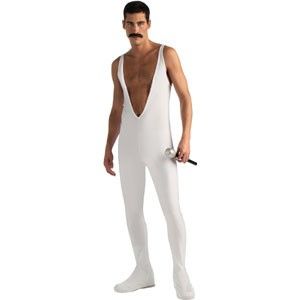 LICENSED ADULT MENS FREDDY MERCURY QUEEN WHITE JUMPSUIT FANCY DRESS COSTUME