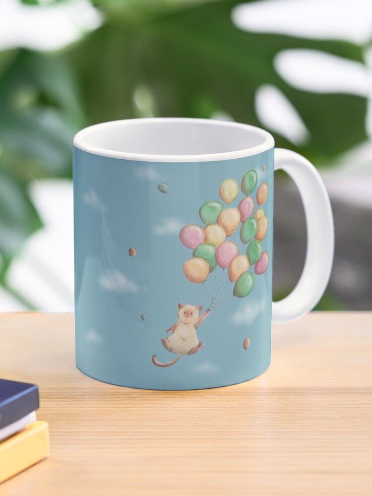 "Cat with Balloons flying in the sky" Mug by denymartinelli | Redbubble Tea Mugs, Coffee Tea, Flying Cat, Buy A Cat, Custom Mugs, Ceramic Mug, Balloons, Print Design, Sky