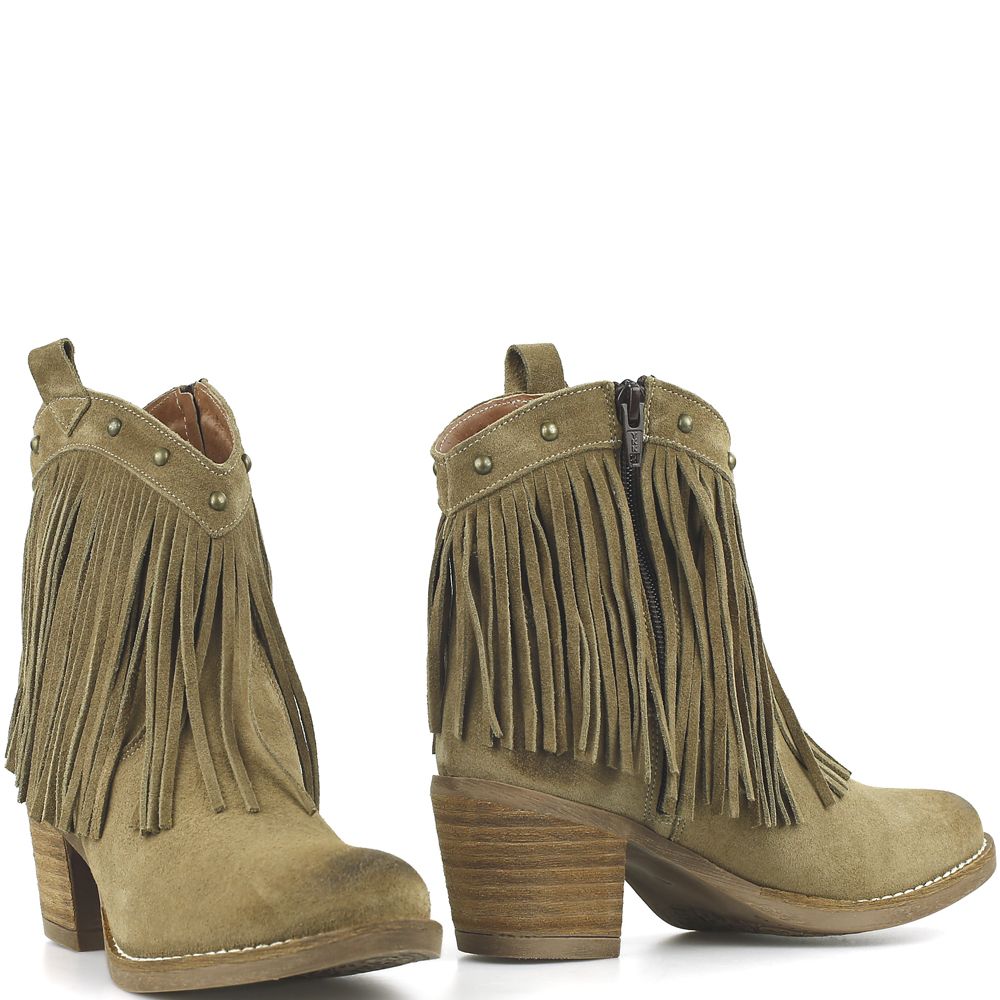 Nemonic suède enkellaarsjes met franjes taupe | Suède Bohemian colorfull boots with a lot of fringes from Spain