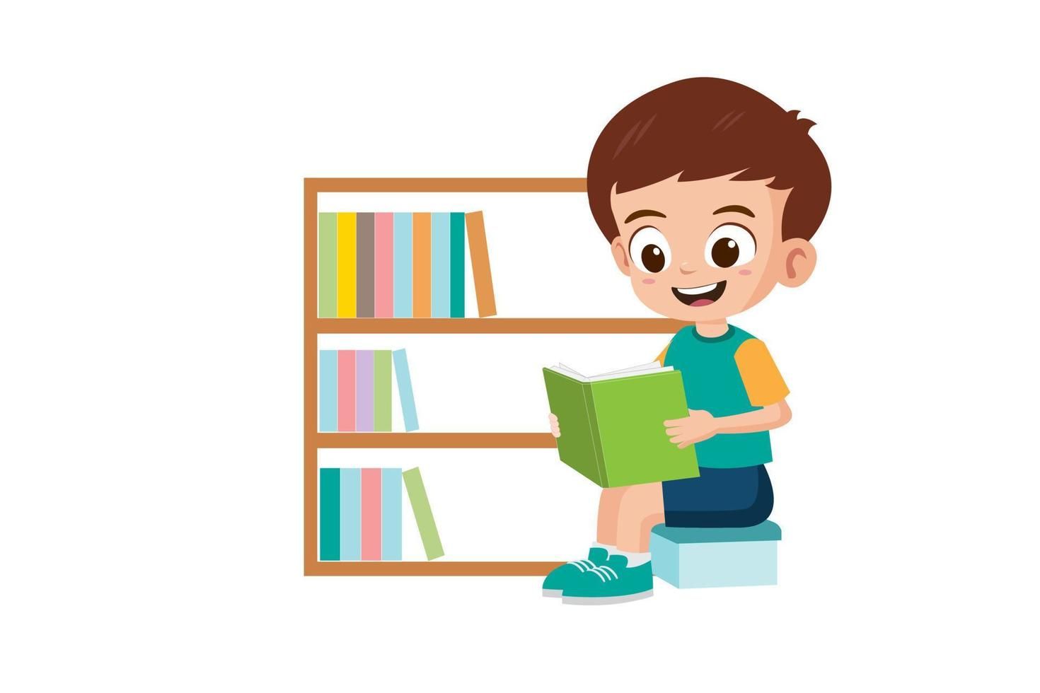 Cute Little Boy Reading A Book In Library Vector Illustration Cute Little Boy Reading A Book In Library Vector Illustration