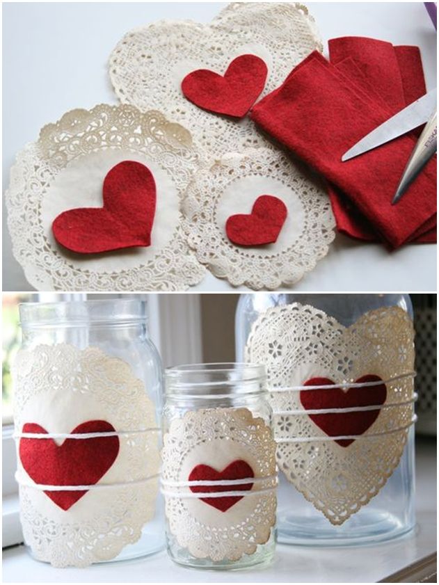 Doilies & Hearts Tied on Jars with Strings Tutorial DIY My Funny Valentine, Valentine Day Crafts, Valentine Decorations, Holiday Crafts, Gift Checklist, Discount Crafts, Crafts For Kids, Diy Crafts, Mason Jar Crafts