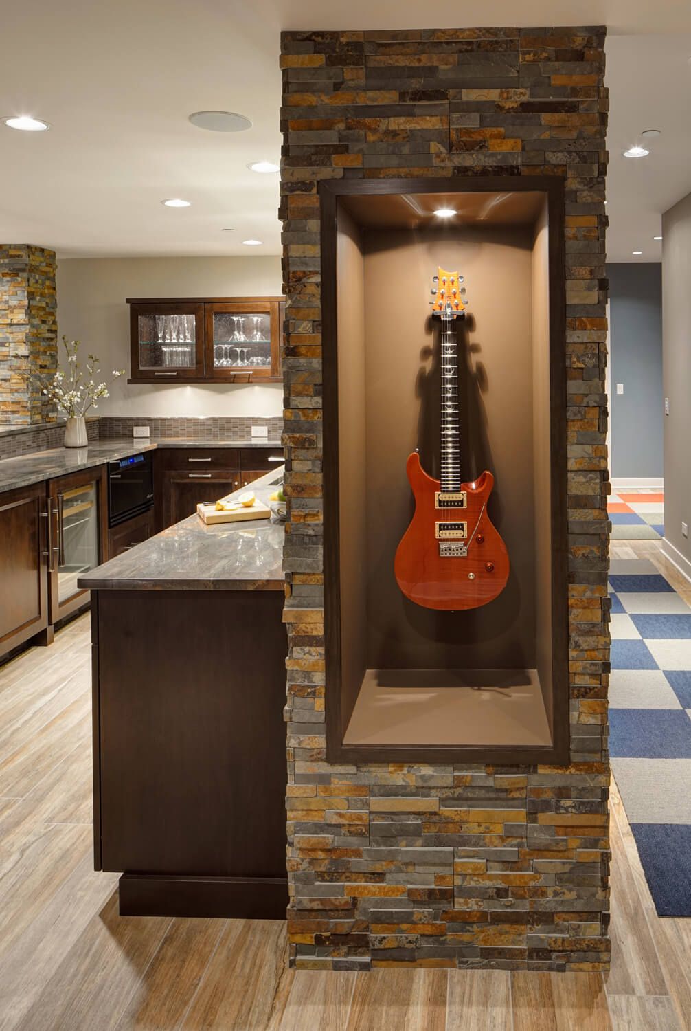 80 Incredible Home Bar Design Ideas Photos Dec Music This Bat Rec Room Bar Contains Several Personal Touches Such As In Column Display Case For The Homeowner S Guitar