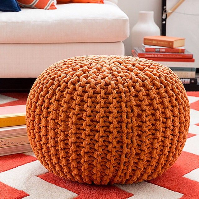 Burnt orange accessories, like this pumpkin orange pouf, are making their way into home decor. Burnt Orange Living Room, Burnt Orange Decor, Orange Rooms, Orange Home Decor, Bedroom Orange, Burnt Orange Pillows, Yellow Decor, Orange Accessories, Home Decor Accessories