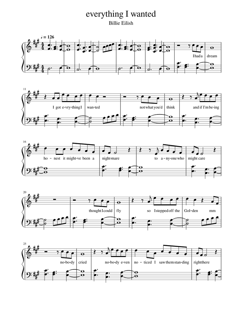 everything I wanted - billie eilish Free Sheet Music, Piano Sheet Music...