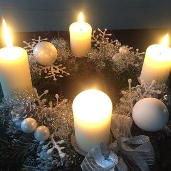 キャンドル以外の飾りを銀色で統一することでより冬のイメージ♪ Flameless Candle, Candles, Candle Arrangements, Xmas, Christmas, Tea Light Candle, Candlelight, Tea Lights, Birthday Cards