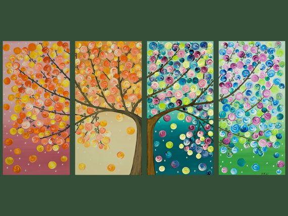 I want to do something like this and represent the seasons even more. pretty! Canvas Art Projects, Art Projects For Teens, Diy Canvas Art, Craft Projects, Craft Ideas, Button Art On Canvas, Tree Wall Art, Tree Art, Tree Mural