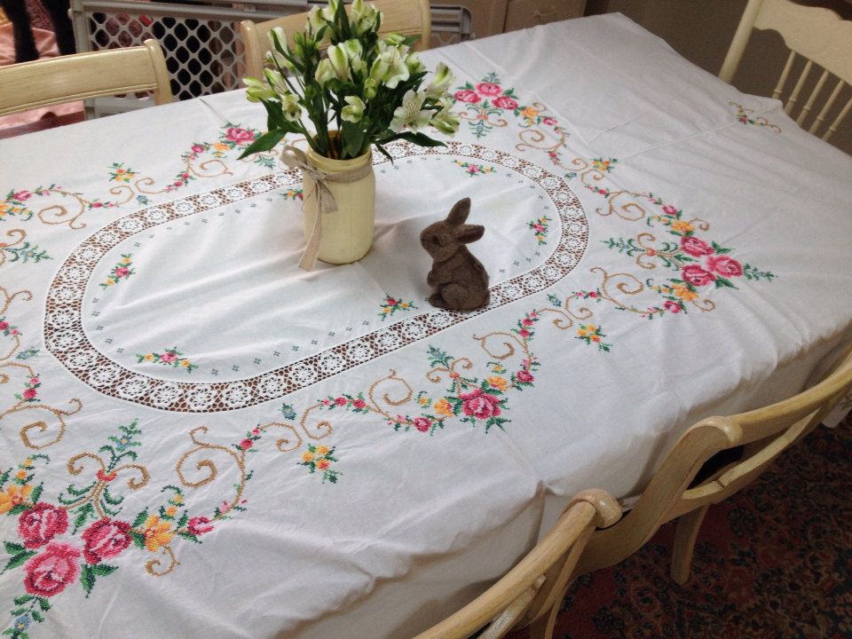 Vintage embroidered cross stitch tablecloth shabby chic pink green