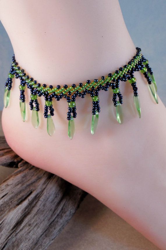 Womens Anklet 10 Inch Green Blue Seed Bead Fringe Bead Woven Green Blue Anklet 10 Inch By Creationsbywhitewolf