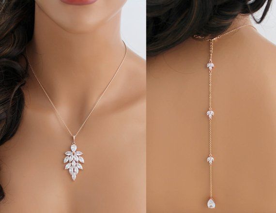 Rose gold zurück Halskette Rose gold Halskette Braut Kulisse Halskette Braut Schmuck CZ Halskette Hochzeit Schmuck Rose gold Schmuck