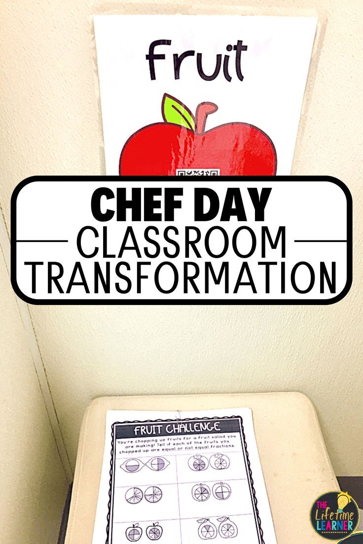 This picture shows a classroom decorated for a restaurant chef classroom transformation day and has decorations to go with it. It shows a classroom with apple poster placed on the wall and a math challenge sheet on the table. Equivalent Fractions Activities, Fraction Activities, Writing Activities, 1st Grade Math, Fifth Grade, Cooking In The Classroom, Restaurant Themes, Classroom Transformation