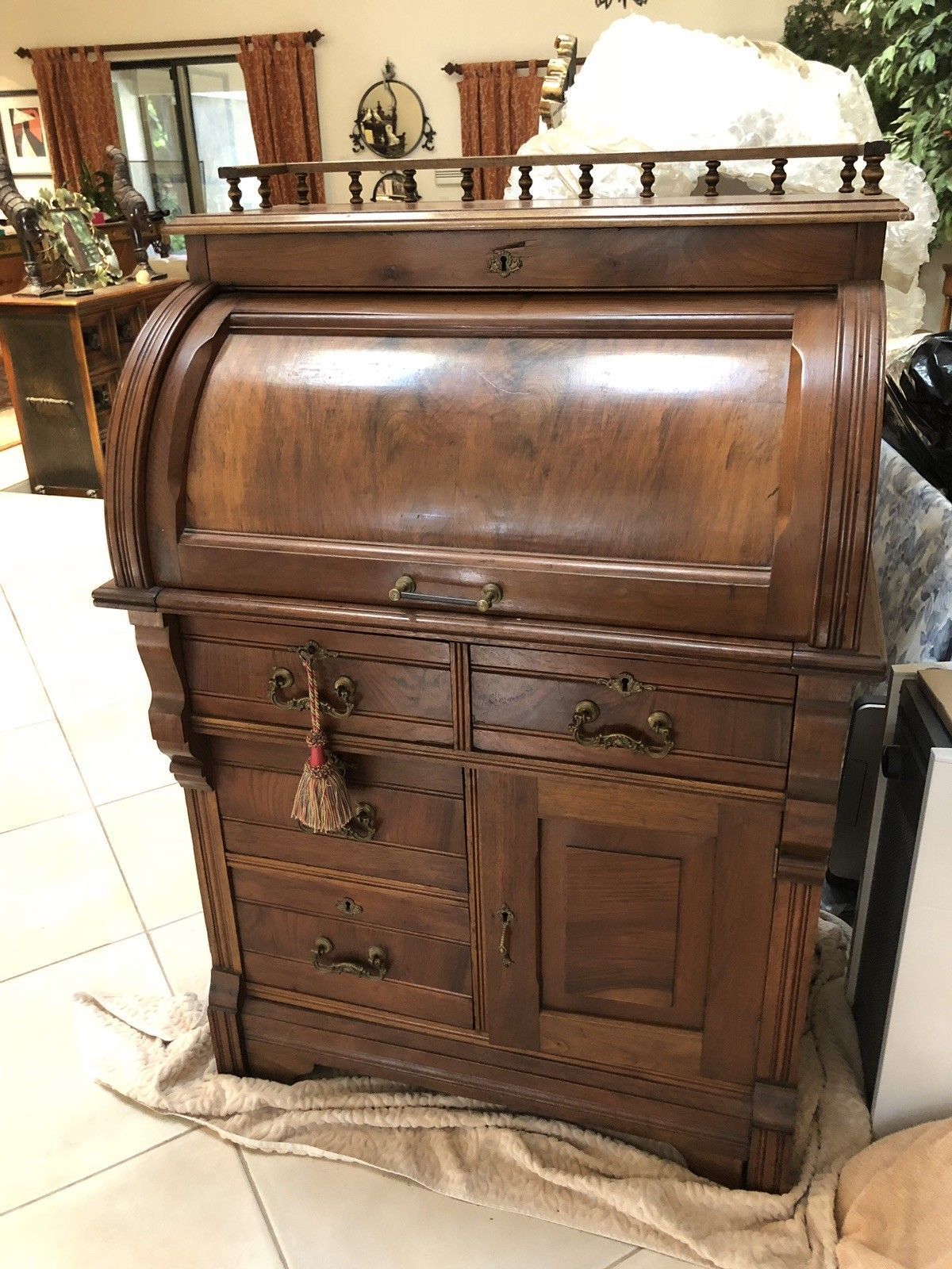 Details about Antique Victorian Burled Walnut Cylinder