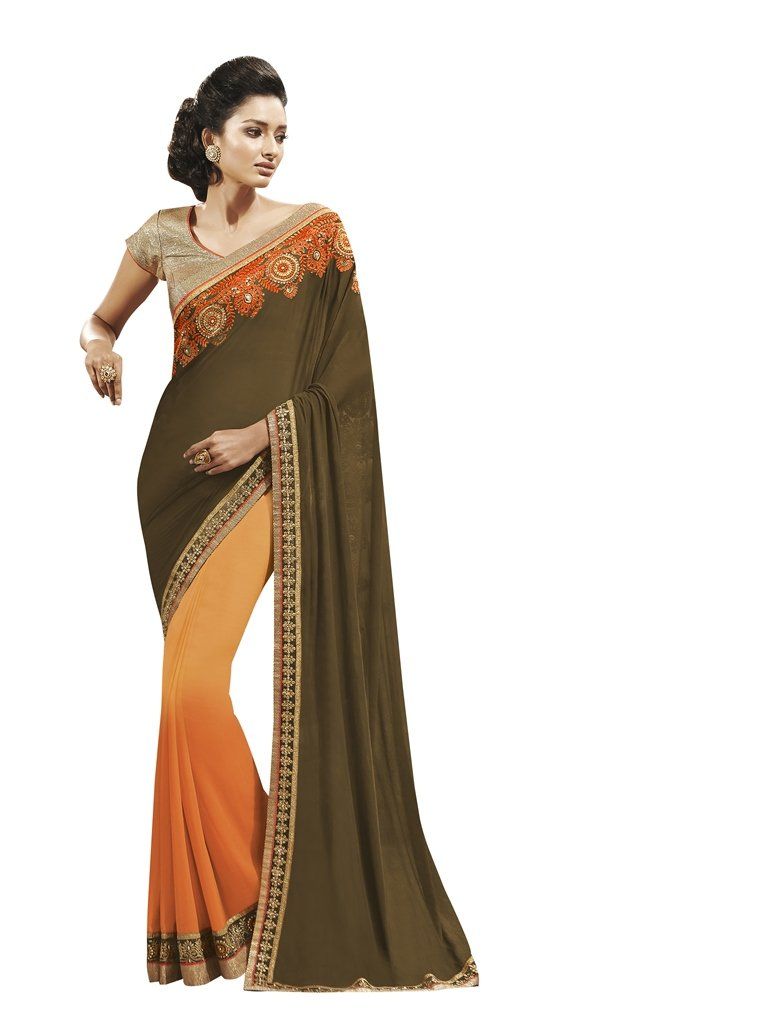 Green Peach Georgette Embroidered Saree SC9005 Upcoming Festivals, Lucknow, Patti, Indian Sarees, Georgette, Exquisite, Peach, Embroidered, Blouse