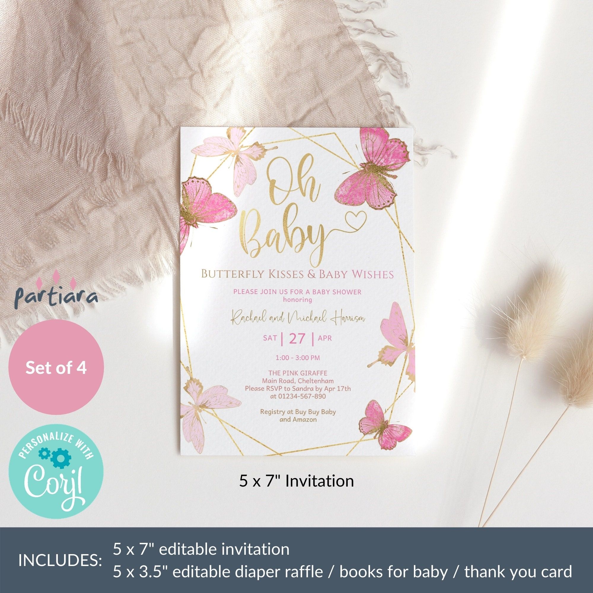 "Blush Pink Butterfly Baby Shower Invitation Bundle DIY Printable Kit, Girl Baby Shower Party Invite Pack with Game Card Inserts P144 ★★ MATCHING ITEMS ★★ For all co-ordinating items, please take a look here: http://etsy.me/30WYXXt TRY OUT THE FREE DEMO BEFORE YOU BUY! Copy and paste the URL to Demo: https://www.corjl.com/d/55P95C Create your personalized invitation bundle in minutes. Download, print or send online. Easy to customize, using our editable template design. An elegant and modern but Butterfly Baby Shower, Pink Butterfly, Butterfly Kisses, Shower Party, Baby Shower Parties, Pink And Gold, Blush Pink, Fiesta Baby Shower, Pink Giraffe