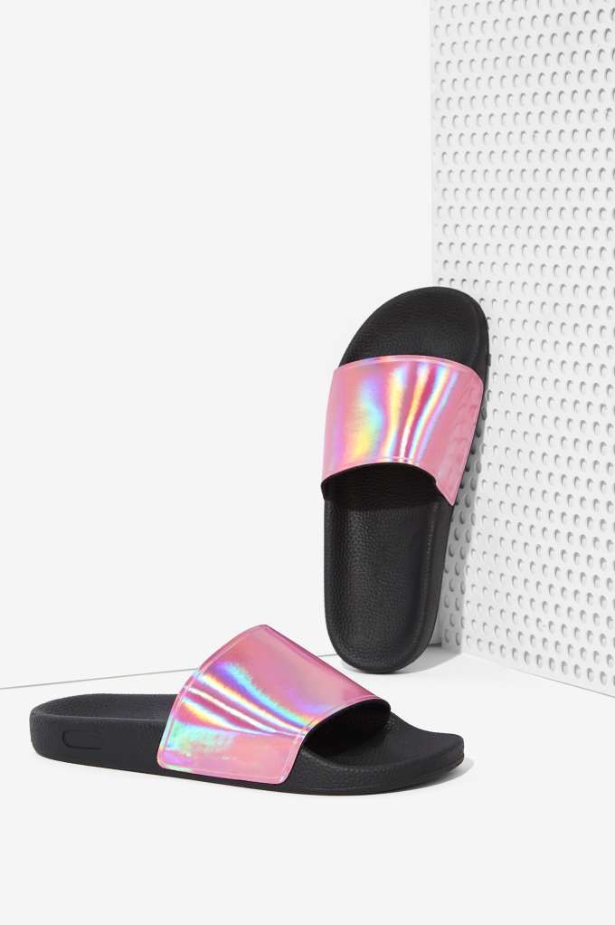 sixty seven ariel slides pink hologram flats shoes all all