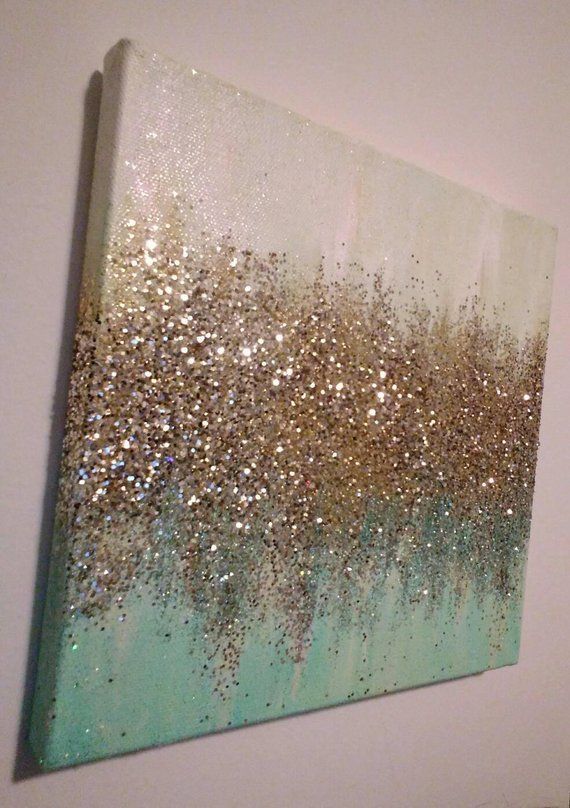 Handgemachte abstrakte Glitter Malerei Custom Modern Chic Home Decor Mint blau grün Gold