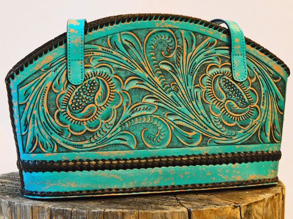 Rawhide Purse Fl Leather Turquoise With Images Tooled Purse Fl Leather Turquoise