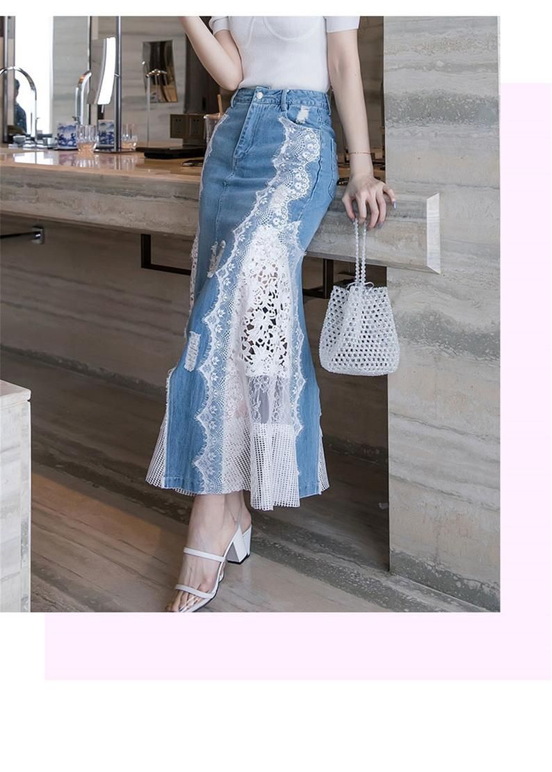 New Irregular Hip Skirt Mesh Fashion Long Skirt High Waist | Etsy Diy Denim Skirt, Denim Diy, Denim And Lace, Recycled Denim, Upcycle Jeans Skirt, Mode Country, Denim Ideas, Denim Crafts, Altered Couture