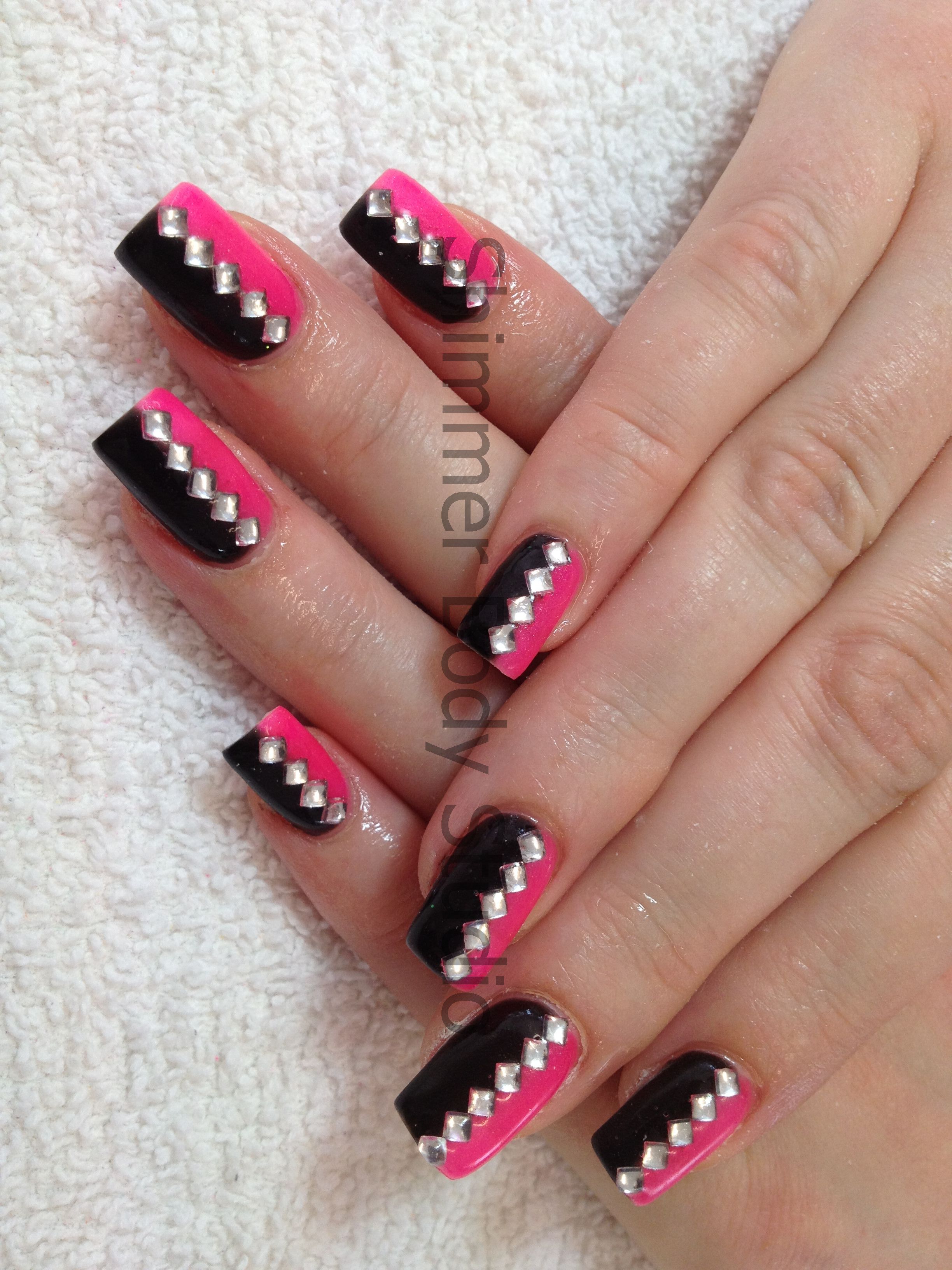 Gel Nails Pink And Black Nails Crystals Nail Art By Shimmer Body