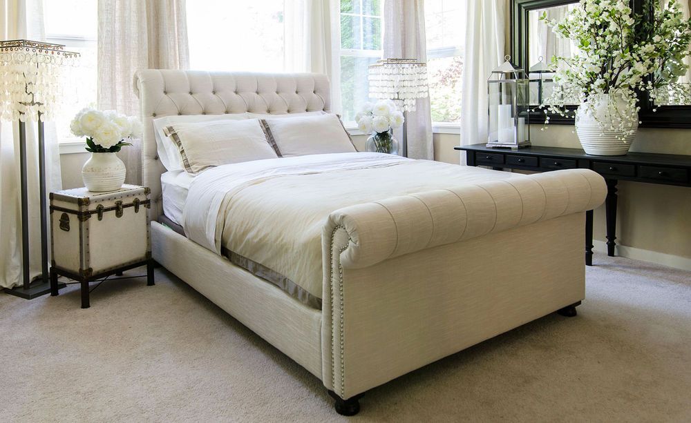Cream 5ft King Size Chenille Bed Frame Sleigh 6 Colours Chesterfield Bedroom Furniture Traditional Living Room Cream 5ft King Size Chenille Bed Frame, Cream Upholstered King Bed Frame