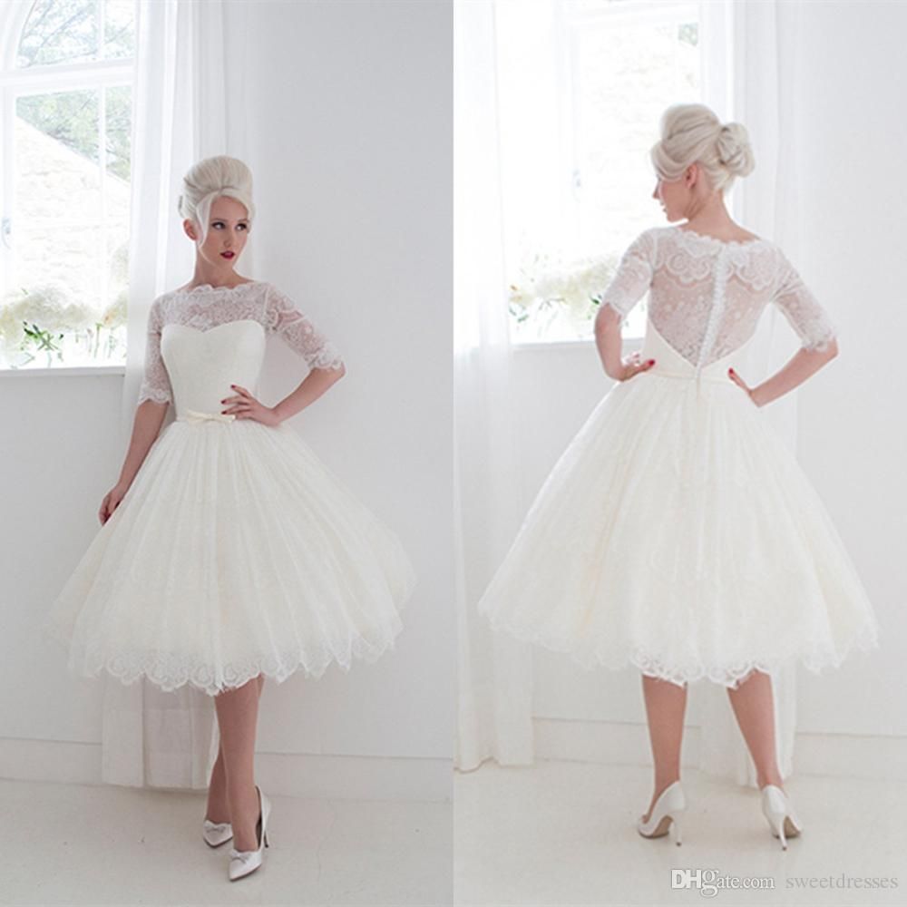 1950 S Style Short Wedding Dresses Bateau Lace Ribbon Cover On 1950 S Style Short Wedding Dresses Bateau Lace Ribbon Cover On Back Tea Length Gowns