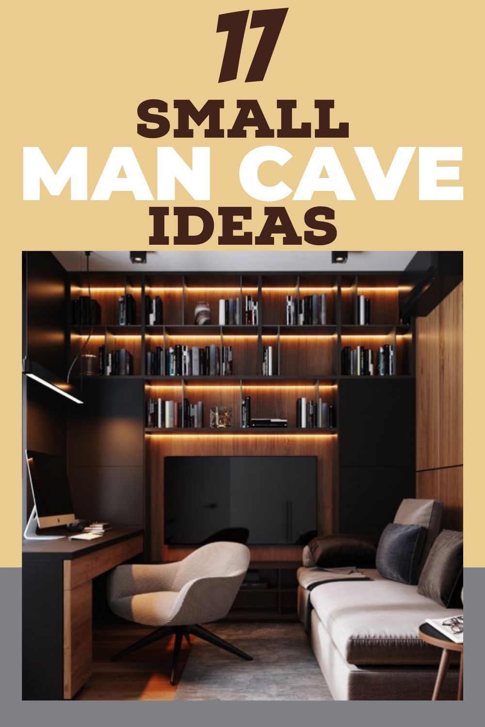 A man cave can be doable even when you have a smaller space. Because a small man cave when done right can still be as pleasing as a giant man cave. Here is a list of small man cave ideas that will inspire you to create a masculine oasis. #smallmancave #mancave #homedecor #mancavebar Home Office For Men Man Caves, Man Cave Office, Man Cave Bedroom, Man Room, Man Cave Basement, Man Cave Garage, Mancave Office Ideas, Office Bedroom Combo Ideas, Cool Man Cave Ideas