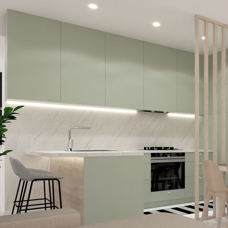 The kitchen is a treasure of the whole apartment. We are happy we could distinguish from the "ordinary". We are utterly sure that the cabinet doors spraxed in light pastel green colour look breathtaking and of high quality. Kuchynská linka predstavuje klenot celého bytu. Sme veľmi radi, že sme sa mohli odlíšiť od "bežnéh" a myslíme, že diverka striekane do vybraného odtieňa svetlej pastelovej zelenej farby budú naživo vyzerať nielen kvalitne, ale aj úchvatne. Pastel Green, Cabinet Doors, The Ordinary, Green Colors, Breakfast Bar, Sme, Apartment, Breathtaking, Kitchen