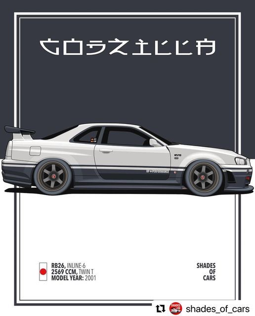 CarArtCompany® on Instagram: "#Repost @shades_of_cars with @make_repost ・・・ Nissan Skyline R34 GTR🇯🇵 One of only four illustrations I‘ve ever done of a car side profile. As usual I updated a few things - the biggest changes are the wheels which look more realistic than before. Somewhere on my page you can find the old version🤙🏽 #nissan #skyline #skyliner34 #r34 #r34gtr #r34skyline #r34nation #vspec #ztune #rb26 #rb26dett #gtr #nissanskyline #nissanskylinegtr #jdmsociety #speedhunters #toyoti Sports Car Wallpaper, Jdm Wallpaper, Tuner Cars, Jdm Cars, Custom Hot Wheels, Custom Cars, Subaru Impreza, Impala 67, Dodge Charger