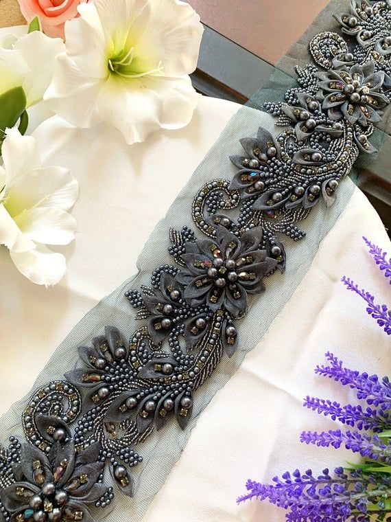 Exclusive Grey Net Floral Trim Hand Embroidered Trim Diamante | Etsy Wedding Dress Sash, Bridal Belt, Wedding Wear, Bridal Dresses, Beaded Trim, Beaded Lace, Lace Trim, Diy Belt For Dresses, Diy Belts