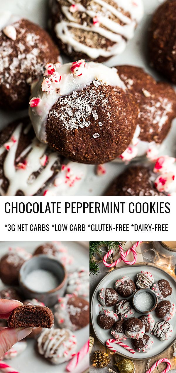 These Keto Chocolate Peppermint Cookies are a low carb cookie recipe of the classic favorite. They are easy to make in one bowl and bake up soft fudgy chocolate cookies dipped in a dairy-free "white chocolate" coating using melted coconut butter covered with sugar-free candy canes. They are made with gluten free, grain-free, dairy-free and sugar-free ingredients and the perfect healthy cookie addition for your Christmas cookie platter or holiday parties. Chocolate Marshmallow Cookies, Chocolate Chip Shortbread Cookies, Toffee Cookies, Easy Cookies, Yummy Cookies, Keto Cookies, Low Carb Cookies Recipes, Low Carb Breakfast Recipes, Low Carb Recipes Dessert