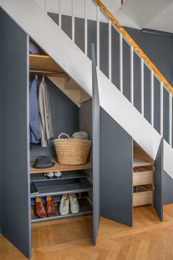 14 Astuces pour se Créer un Dressing dans un Petit Espace Closet Under Stairs, Space Under Stairs, Under The Stairs, Under Staircase Ideas, Home Stairs Design, Home Interior Design, Interior Stairs, Kitchen Interior, Interior Architecture
