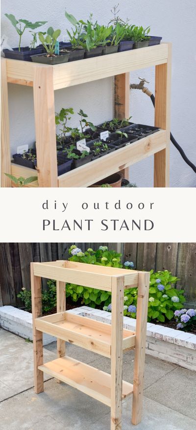 A tutorial on DIY outdoor plant stand with 3 shelves. Taking advantage of vertical space by building an outdoor shelf for plants is a great idea if you want to keep all your outdoor plants organized. It can also work as an indoor plant rack! Plant Shelves Outdoor, Garden Shelves, Plant Stands Outdoor, Plant Stand Indoor, Diy Plant Stand, Outdoor Planters, Outdoor Gardens, Plant Box Diy, Plants Rack Outdoor