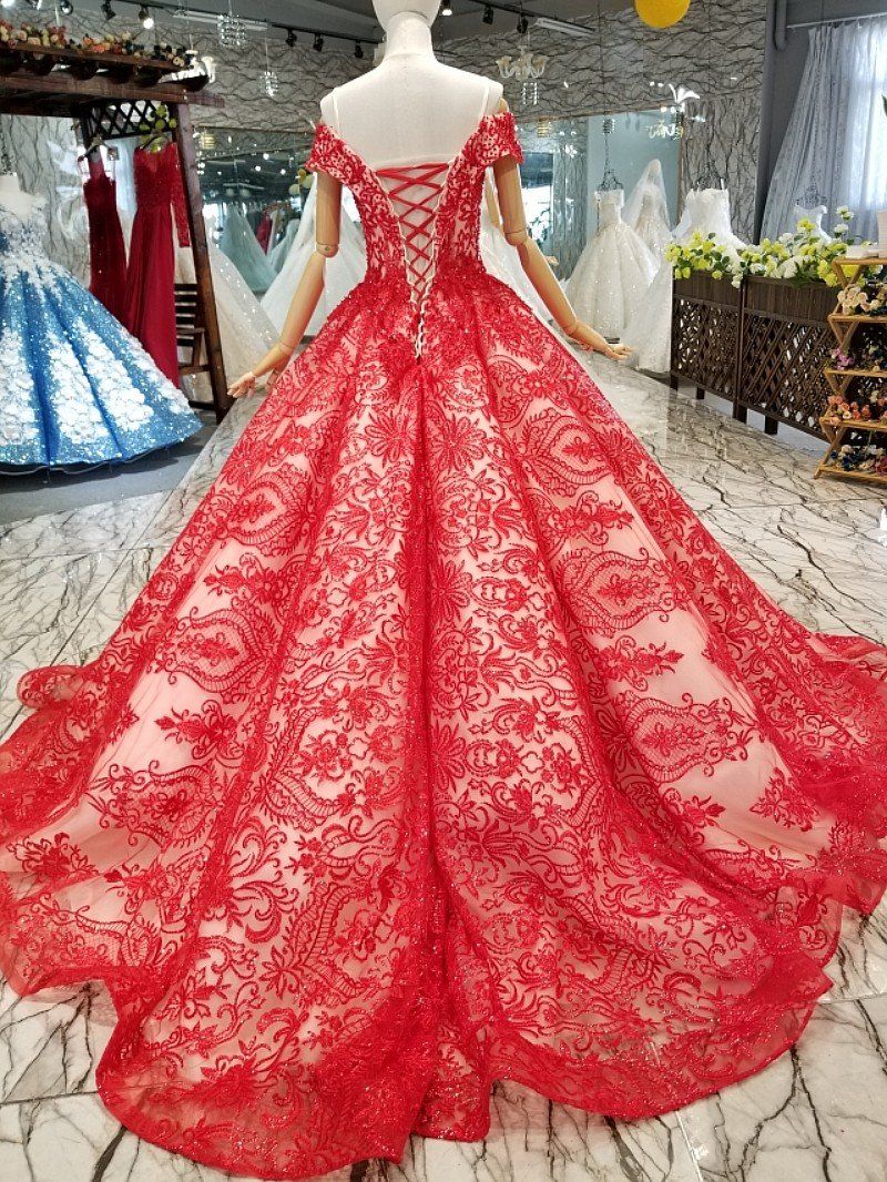 Red Cold Shoulder Simple Luxury Trailing Color Wedding