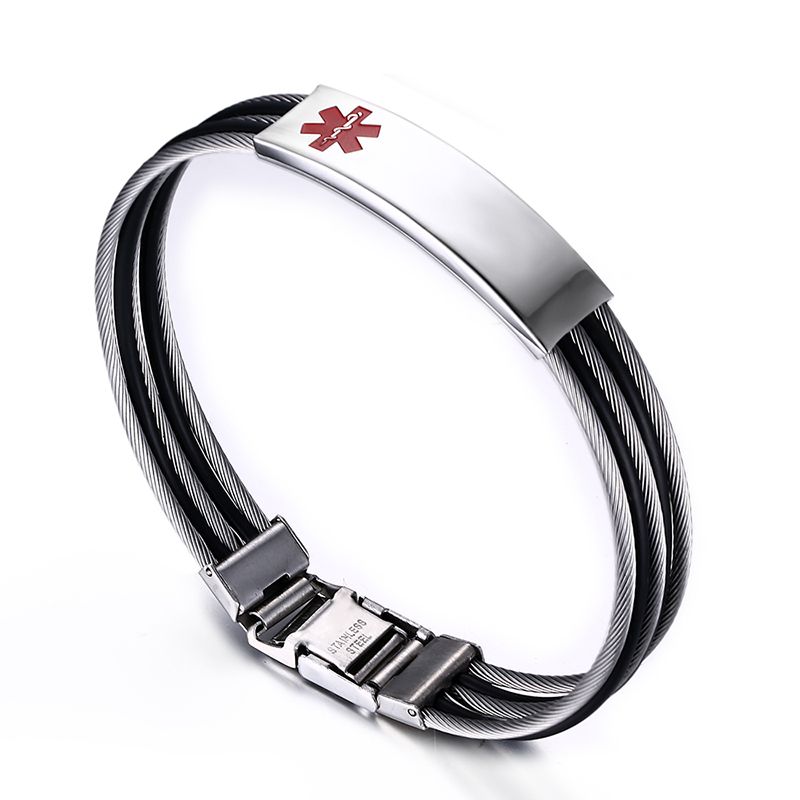 Free engraved Black Medical Alert signe ID Hommes Femmes Bracelet en acier inoxydable