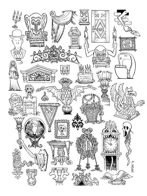 This is a collection of props and details from Disneys Haunted Mansion