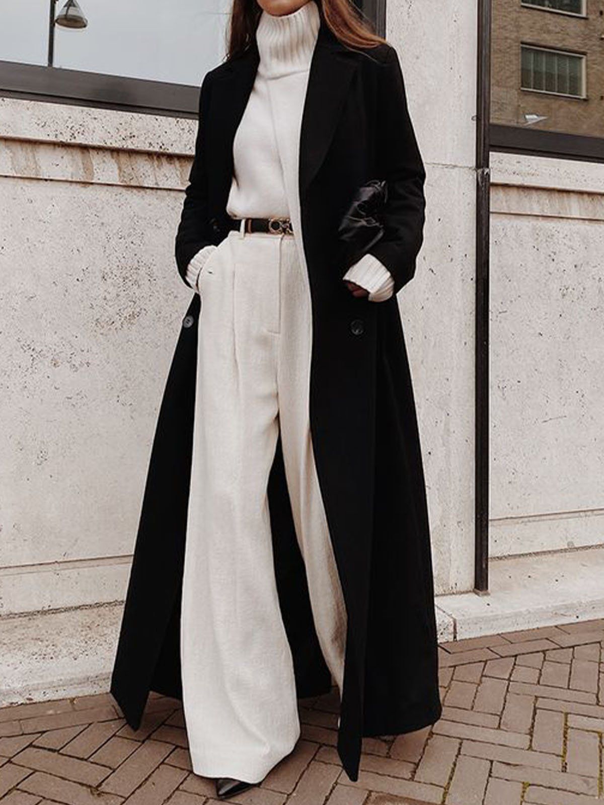 Buy Long Sleeve Coats For Women from Koandaily at Stylewe. Online Shopping Stylewe Long Sleeve Black Women Coats For Work Elegant Polyester Flat Collar Elegant Plain Daily Coats, The Best Work Coats. Discover unique designers fashion at Stylewe Black Coat Outfit, Black And White Outfit, Schwarzer Mantel Outfit, Plain Outerwear, Outerwear Women, Coats For Women, Clothes For Women, Coat Outfits For Women, Long Coat Women
