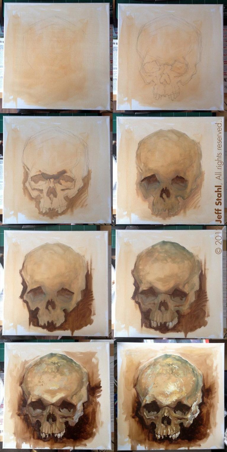 Jeff Stahl Skulls - Painting Skulls - The Arty Teacher Skull Painting, Skull Art Drawing, Skull Sketch, Skull Drawings, Watercolor Art Paintings, Drawing Faces, Old Paintings, Painting Abstract, Gcse Art Sketchbook