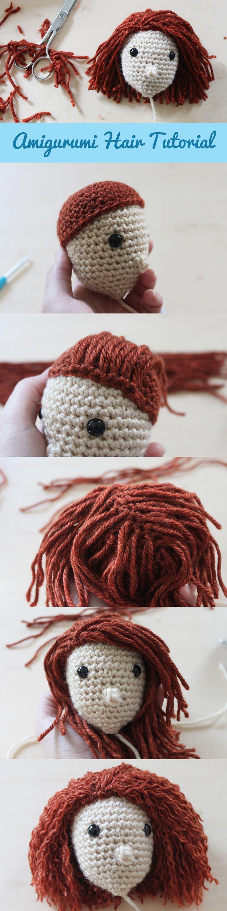 Amigurumi hair tutorial - step by step photos to add straight or wavy