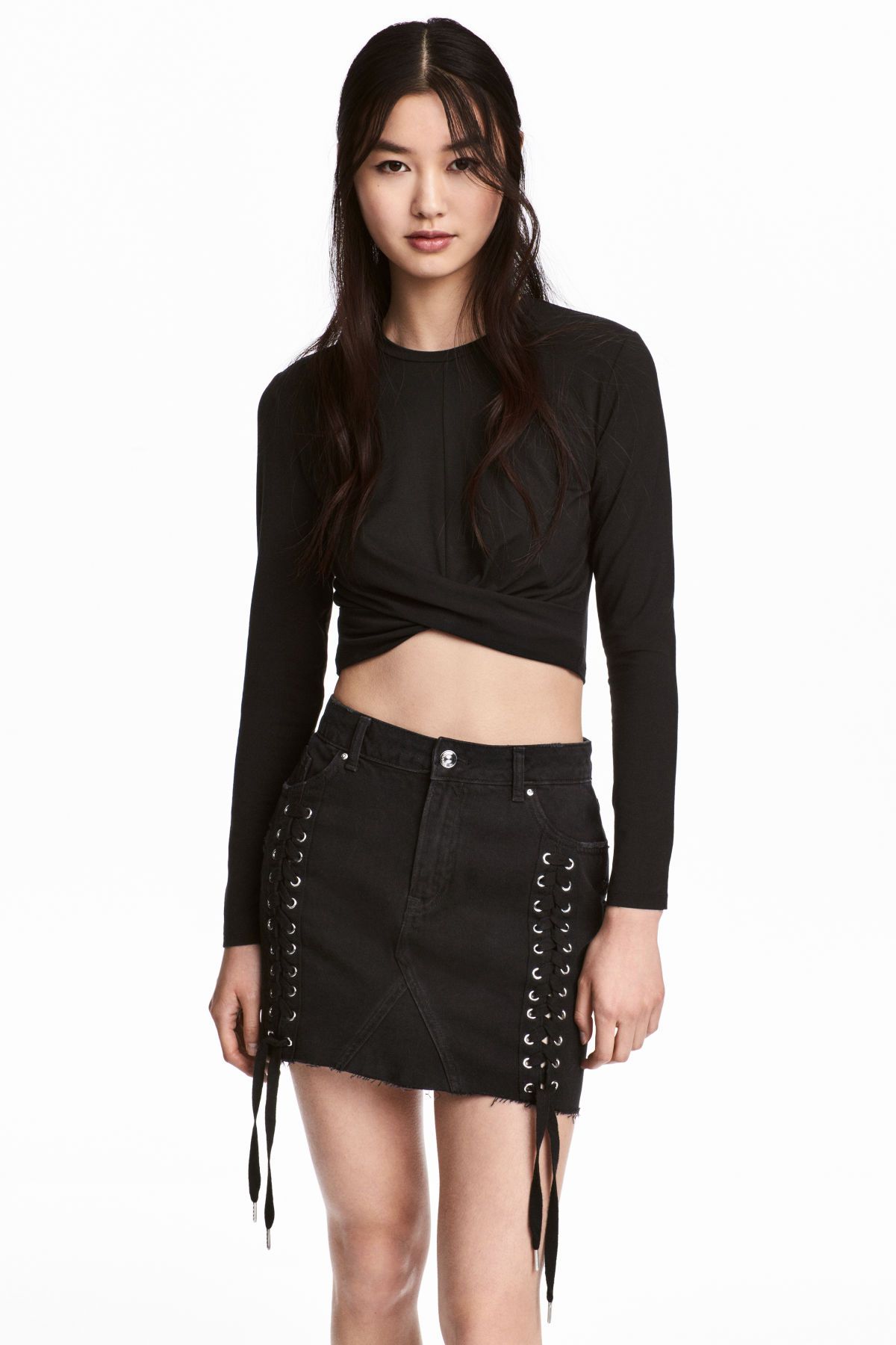 Denim Skirt with Lacing | Black | WOMEN | H&M US | Fashion, Womens ...