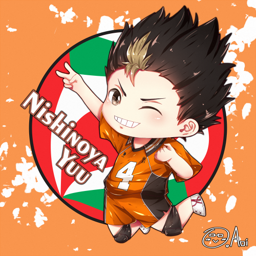 an anime character with black hair and orange shirt, sitting in front