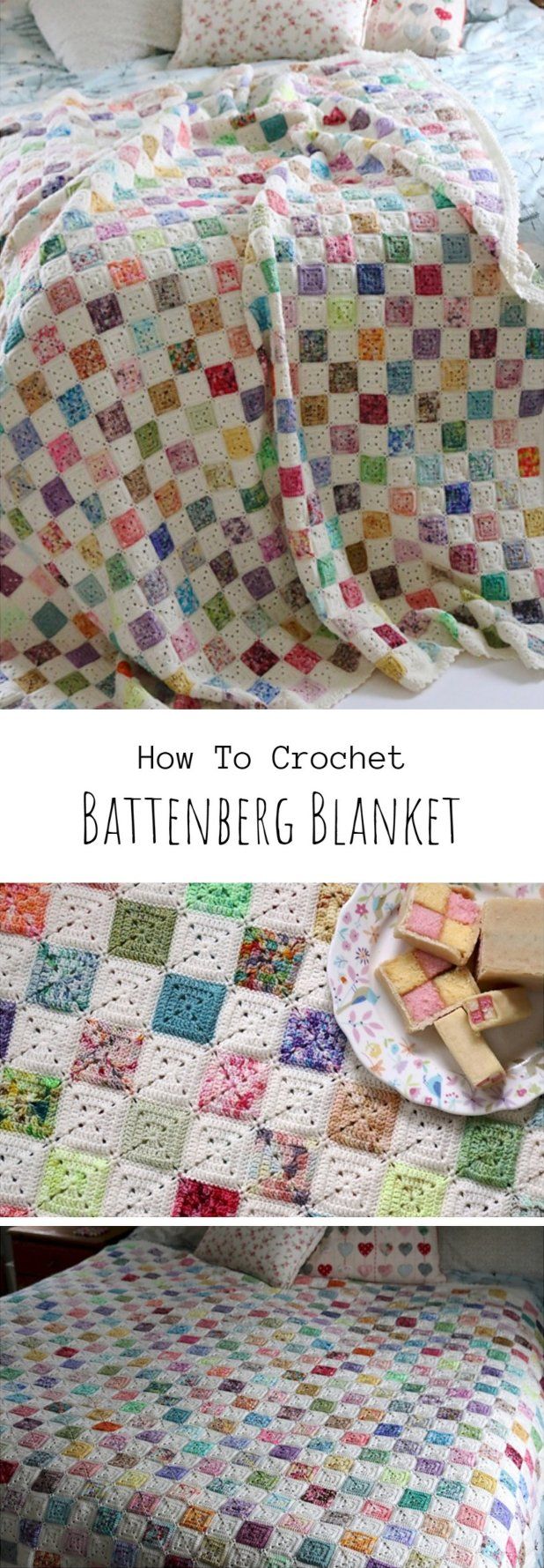 Crochet Battenberg Blanket Crochet Patterns For Beginners, Afghan Crochet Patterns, Crochet Squares, Crochet Granny, Baby Blanket Crochet, Knitting Patterns, Crochet Afghans, Scrap Yarn Crochet, Crochet Needles