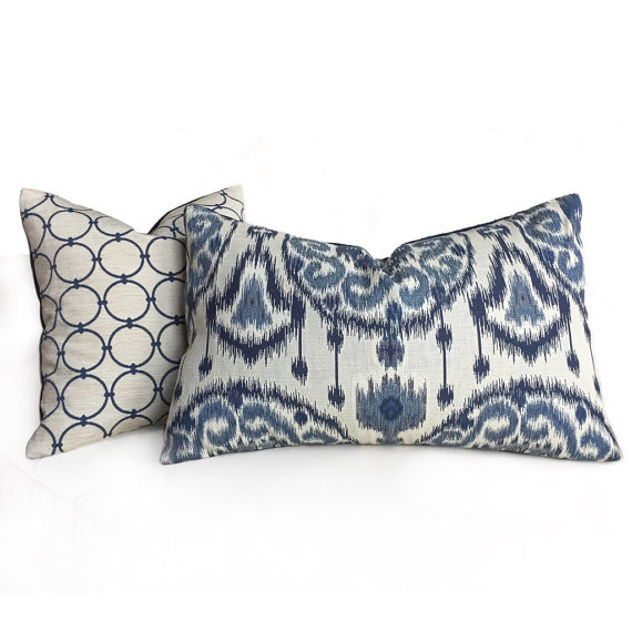 16x26 Pillow Insert New Kravet Ikat Ethnic Medallion Motif Blue Light Beige Pillow Cover 16x26 Pillow Insert New Kravet Ikat Ethnic Medallion Motif Blue Light Beige Pillow Cover