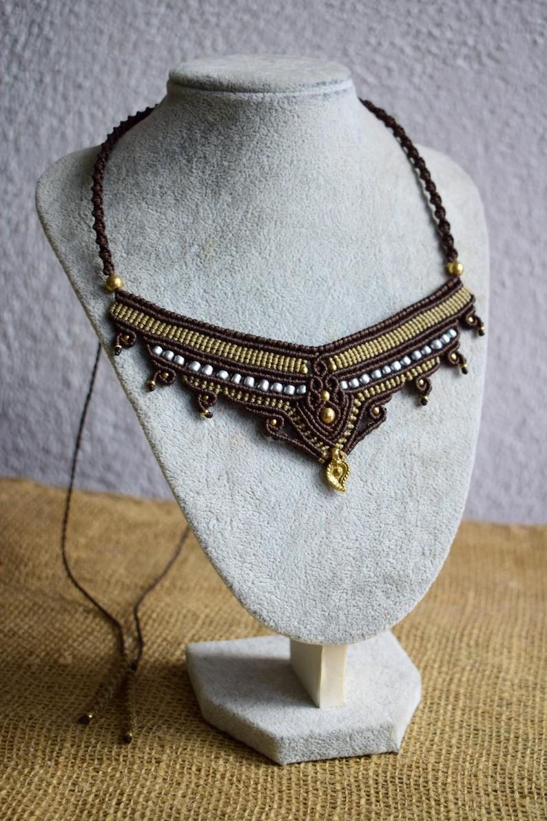 Labradorite Macrame Necklace Bohemian Jewelry Brass Tribal Hippie Choker Festival Gemstone Elegant Neck piece