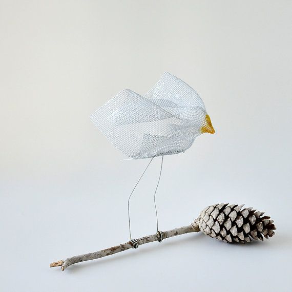 Abstract bird sculpture, Metal bird sculpture, Contemporary metal art, Decorative modern art, white bird on Pine Cone