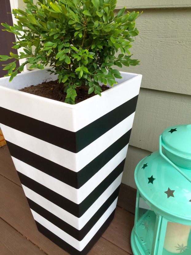 Black & white striped planter black and white decor, white flower pot